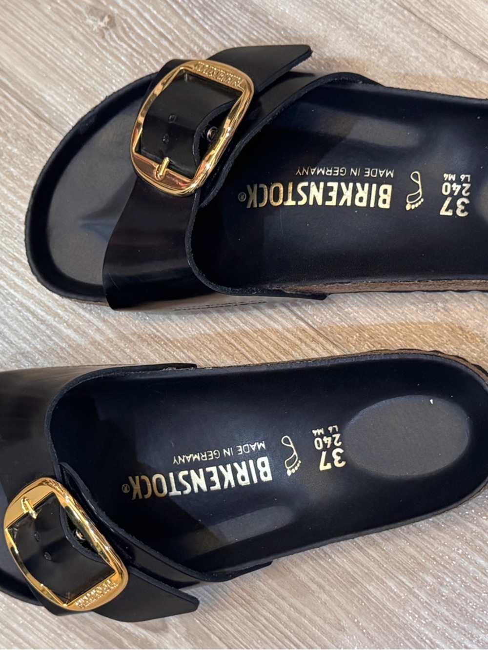 Birkenstock Black Slide Sandals with Gold Buckles - Picture 3 of 3